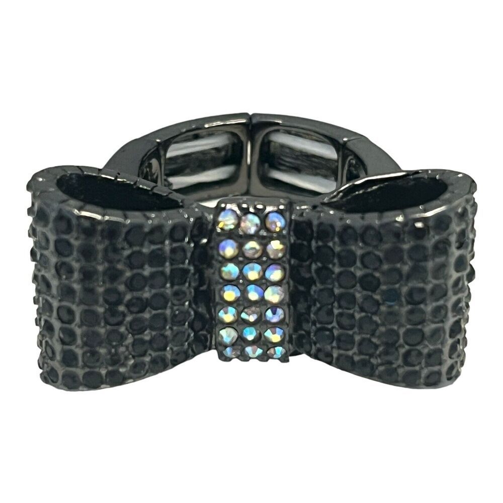 New Crystal Stretch Ring Size 6.5 Hematite Tone Bow Aurora Borealis Crystals 5K